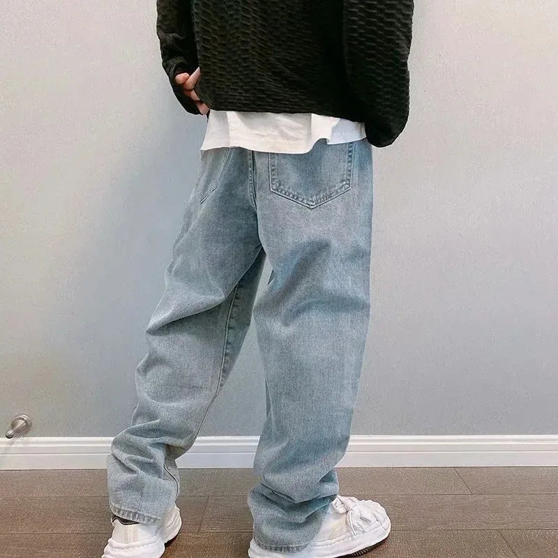 Korean Print Wide Leg Cargo Jeans