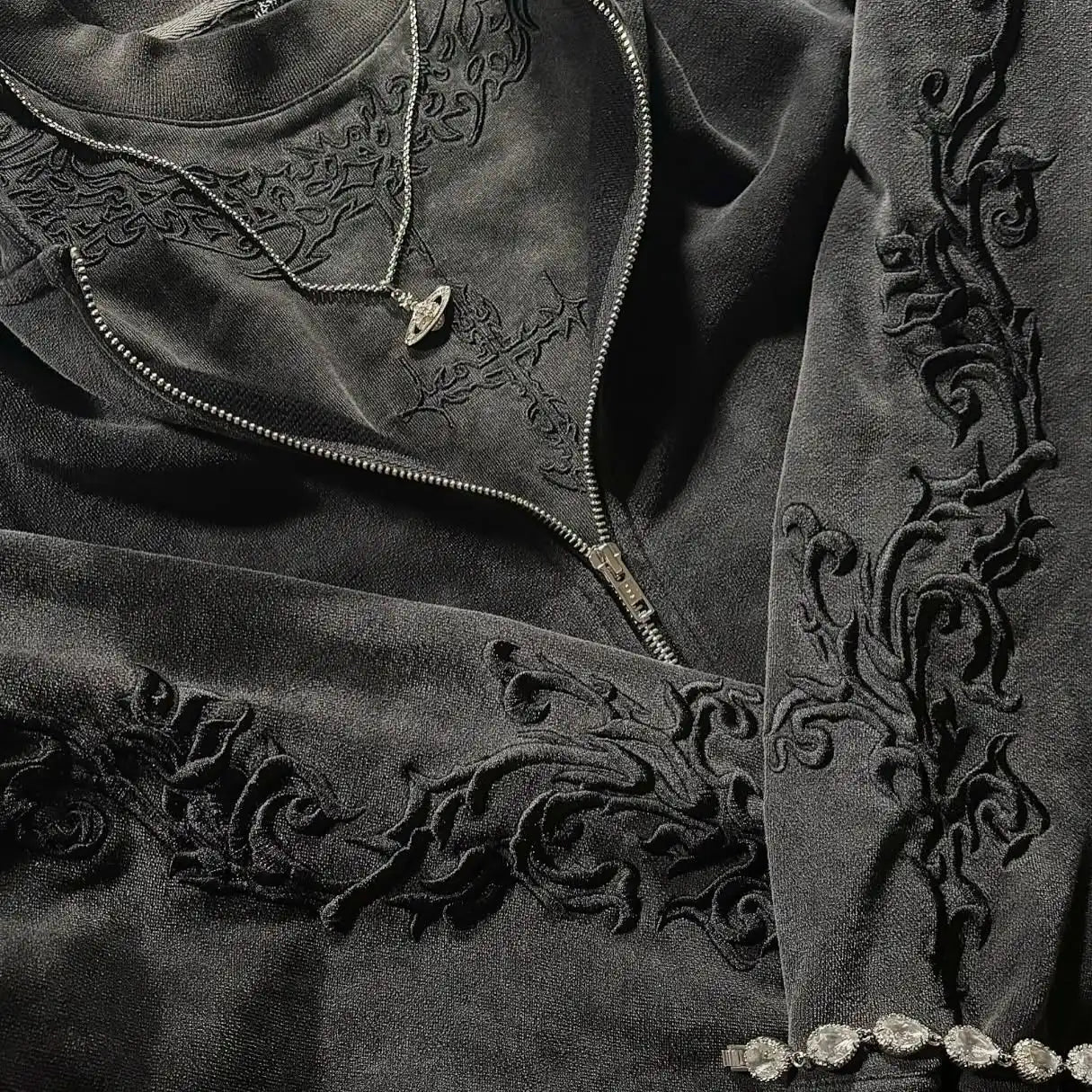 Gothic Rose Vine Embroidered Hoodie