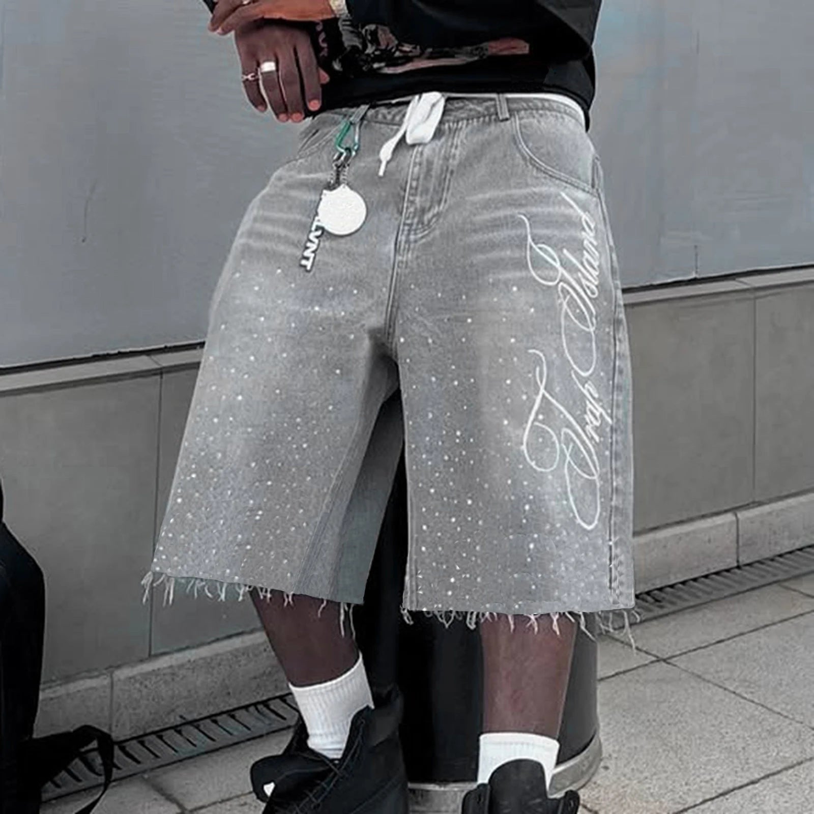 Rhinestone Letter Denim Shorts