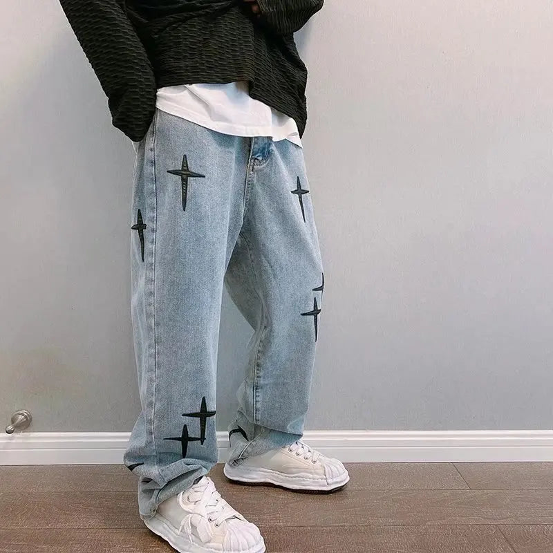 Korean Print Wide Leg Cargo Jeans