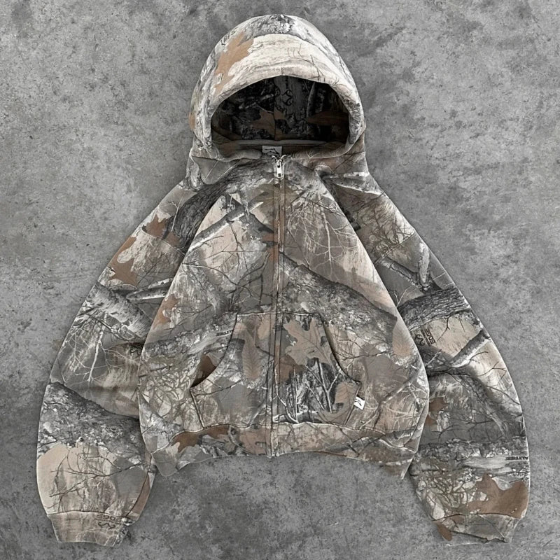 Y2K Camo Print Zip Hoodie