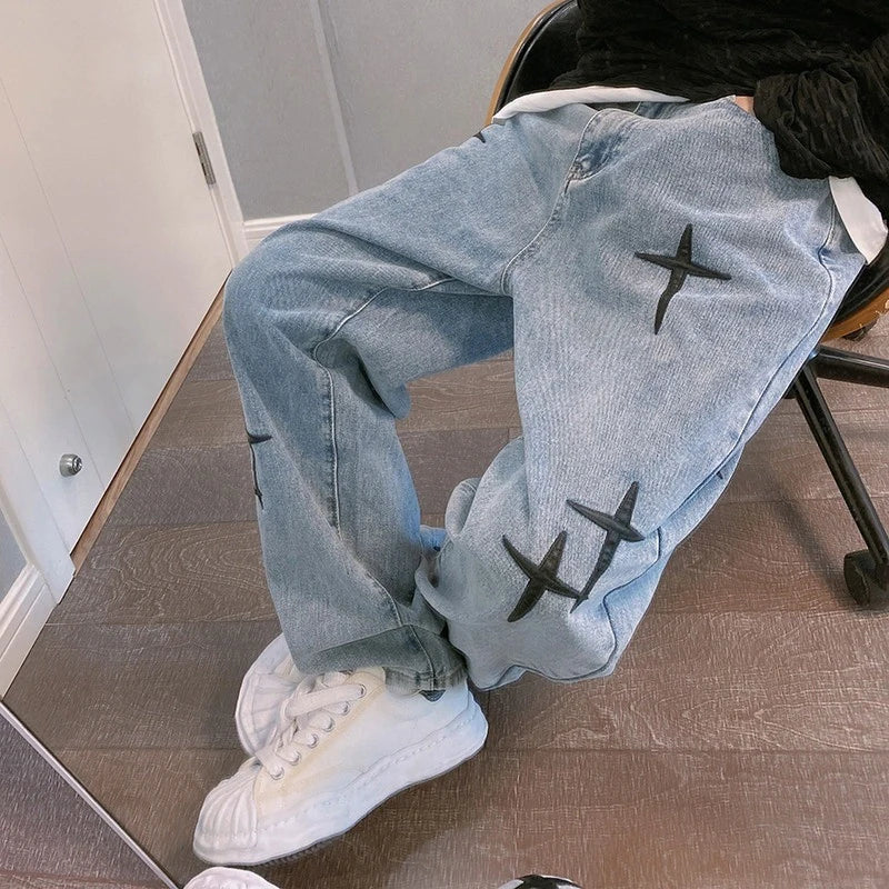 Korean Print Wide Leg Cargo Jeans